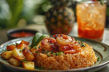 Wall Mural - Photorealistic food photography of various dishes on the table, such as pineapple fried rice with shrimp and fish fillet in red sauce served alongside French fries.