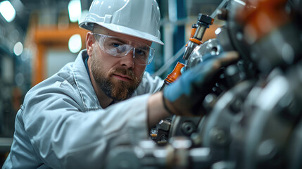 Engineer adjusting machinery in factory. Generative AI.