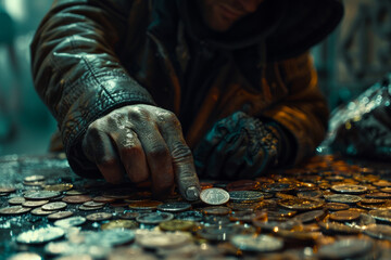 Robber or thief is trying to grab and steal coins. cinematic, movie still, ultra realistic, high definition, super detail , advertising photography