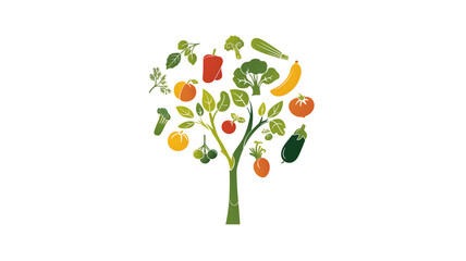 Wall Mural - Stylized tree with various colorful vegetables and fruits as leaves, representing healthy eating.
