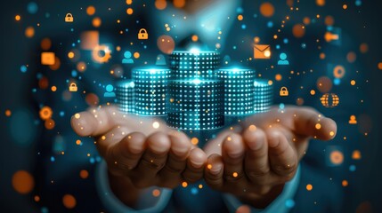 Fototapete - Businessman hand-holding database management icons with efficiency, security, and network connection. Strategically navigating the growth of data-driven decisions. Generative AI.