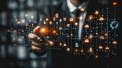 Fototapete - Businessman hand-holding database management icons with efficiency, security, and network connection. Strategically navigating the growth of data-driven decisions. Generative AI.