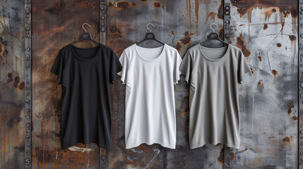 Wall Mural - Mockup of clothes collections for an advertisement, poster, or promotion. Three basic white, grey, and black t-shirt are displayed on a rustic metal background.