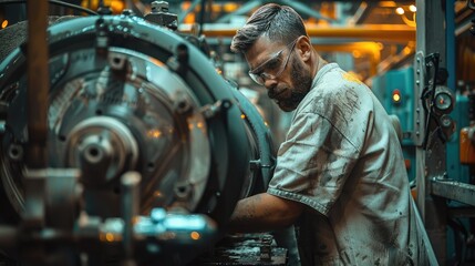 Aufkleber - Working at manufacturing, plant, factory, A worker at work behind his machine. Generative AI.