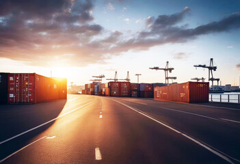 Wall Mural - 'sunset harbor containers road Empty container shipping cargo freight stacked ship port transportation stack export good import delivery dockyard transport logistic industrial red business trade'