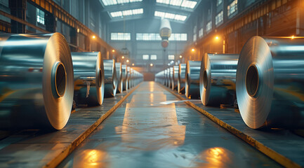 Poster - Clean Factory producing steel mill sheets - stored rolls. Generative AI.