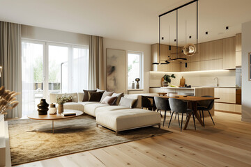 Wall Mural - Interior design of modern Scandinavian apartment, living room and dining room in one space, panorama