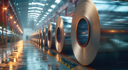 Poster - Clean Factory producing steel mill sheets - stored rolls. Generative AI.