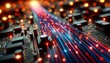© Dream Imagination - an intricate electronic circuit board with streams of blue and red light representing data transfer or electrical activity, emphasizing the complexity and speed of modern technology