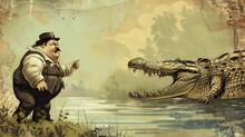 Illustration Of A Fat Man With A Funny Face On The River Bank Catching A Crocodile In Vintage Style AI Generated