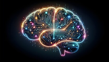 a stylized and vibrant depiction of a human brain. The brain is illuminated with an array of neon lights, suggesting neural pathways or electrical activity.