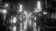 Japan city street lights at night, narrow street and lanterns after rain, in black and white