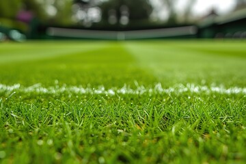 Wall Mural - Close-up view of dew on grass with tennis court in the background.