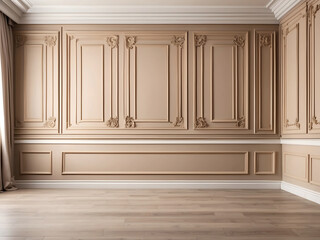 Wall Mural - Fragment of an interior made of classic wooden panels and laminate on the floor—classical wall moulding decoration in modern empty luxury home interior design.