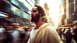 Jesus Christ walking through a modern crowded city street with motion blur