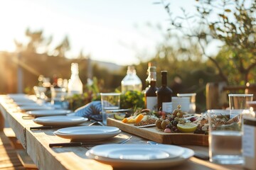 A rustic outdoor table set with fresh foods, welcoming a nature-immersed dining experience at sunset.