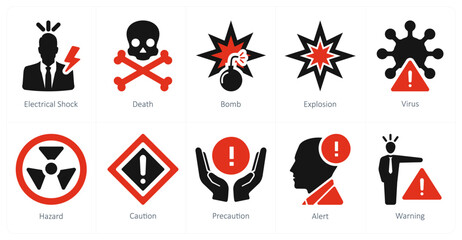 a set of 10 hazard danger icons as electrical shock, death, bomb