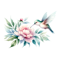 Wall Mural - Hummingbird with Pink Peony Digital Artwork
