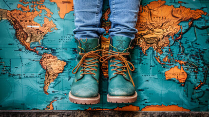 A person is standing on a map of the world with their feet on the ground. The person is wearing green boots and jeans