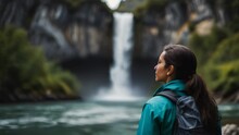 Woman In Hiking Clothes Wades Through A Waterfall In The Middle Of The Forest