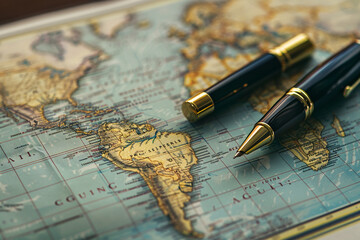 Macro shot of a summit agenda with topics on global economic strategies, luxury pen beside it 