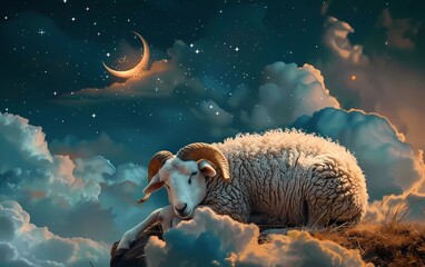 Canvas Print - Eid Al-Fitr Mubarak. Greeting card with sacrificial lamb and crescent moon on cloudy night background.