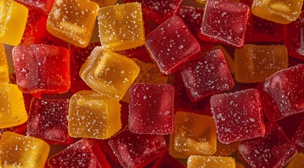 Gummy cubes, red and yellow gummies background, closeup, candy texture.