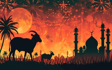 Wall Mural - Vector Eid Al Adha background with goat and cow silhouettes