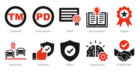 Sticker - A set of 10 intellectual property icons as trademark, public domain, patent