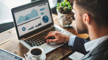 Leinwandbilder - A businessman analyzing a business graph on a laptop screen, with a cup of coffee nearby as he delves into data-driven decision-making.