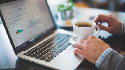Leinwandbilder - A businessman analyzing a business graph on a laptop screen, with a cup of coffee nearby as he delves into data-driven decision-making.