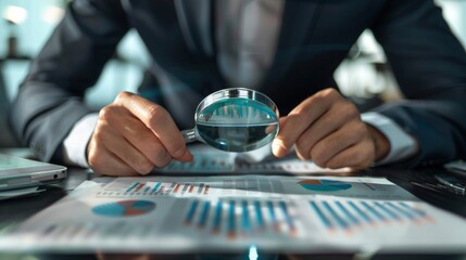 Aufkleber - A businessman analyzing a business graph printout with a magnifying glass, focusing on specific data points and trends.