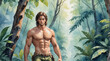 Athlete handsome man shirtless in the dense green forest, watercolor painting style, generative AI.