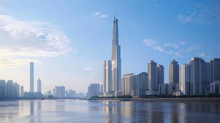Aufkleber - A bustling metropolis seen from across the river, with a towering building dominating the skyline, embodying urban sophistication and vitality.