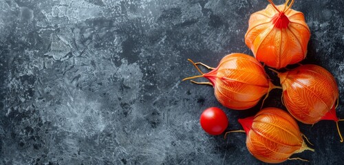 Canvas Print - Close-up of orange physalis flowers on a grey stone background with green leaves.