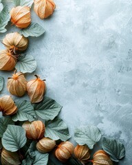 Poster - Golden physalis fruits scattered on a textured blue surface.