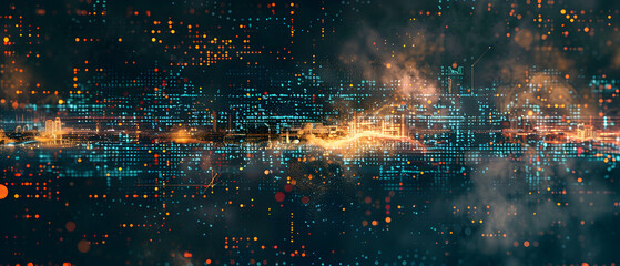 Wall Mural - A computer generated image of a cityscape with a bright orange line running through it. The image is full of bright colors and has a futuristic feel to it