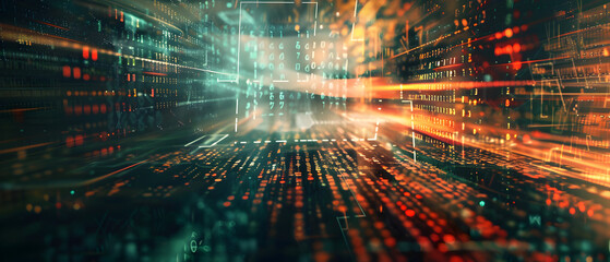 Wall Mural - A computer generated image of a cityscape with a lot of numbers and a few letters. The image is abstract and has a futuristic feel to it