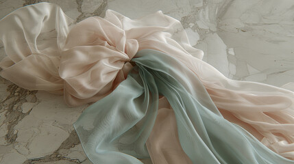 A white, pink, and blue scarf is displayed on a marble countertop. The scarf is tied in a bow, and the colors are arranged in a gradient from white to blue. Concept of elegance and sophistication