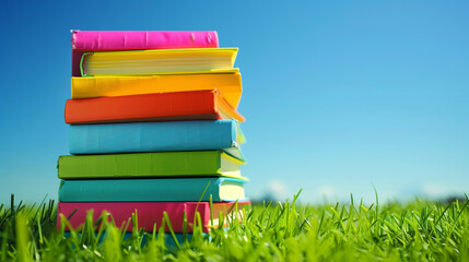 Wall Mural - A stack of books with a blue book on the bottom, a pink book on the second from the bottom, and a yellow book on the third from the bottom. The books are piled on top of each other in a grassy field