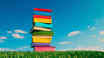 Wall Mural - A stack of books with a blue book on the bottom, a pink book on the second from the bottom, and a yellow book on the third from the bottom. The books are piled on top of each other in a grassy field