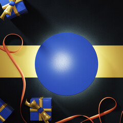 Wall Mural - podium with gold ribbon, gift boxes and stripe on black background for social media post, story, campaign, product promo, poster, flyer etc. 3d isolated top view luxury layout design