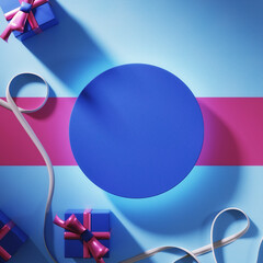 Wall Mural - podium with ribbon, gift boxes and stripe on blue background for social media post, story, campaign, product promo, poster, flyer etc. 3d isolated top view luxury layout design