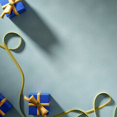 Wall Mural - blue Gift boxes and gold ribbon on light background for social media post, story, campaign, product promo, poster, flyer etc. 3d isolated top view luxury layout design