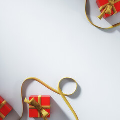 Wall Mural - red Gift boxes and gold ribbon on wite background for social media post, story, campaign, product promo, poster, flyer etc. 3d isolated top view luxury layout design