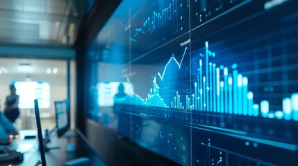 Aufkleber - A close-up of a business graph projected onto a conference room wall, with team members discussing strategies for improvement.