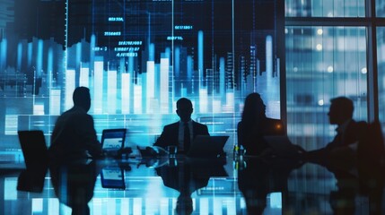 Poster - A close-up of a business graph projected onto a conference room wall, with team members discussing strategies for improvement.