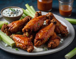 Wall Mural - A serving of crispy chicken wings tossed in tangy buffalo sauce and served with celery sticks and blue cheese dressing.
