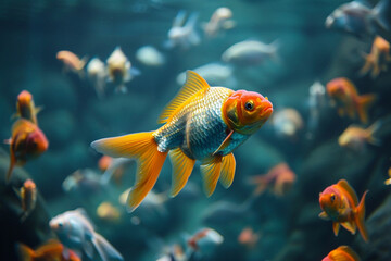 One distinctively colored fish swimming against the current, illustrating leadership in challenging the status quo