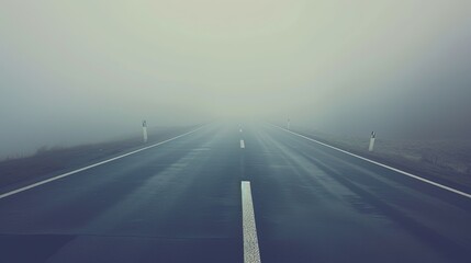 Wall Mural - Calm landscape of an asphalt road in white fog. Tranquil and mystical background with copy space. Generative AI